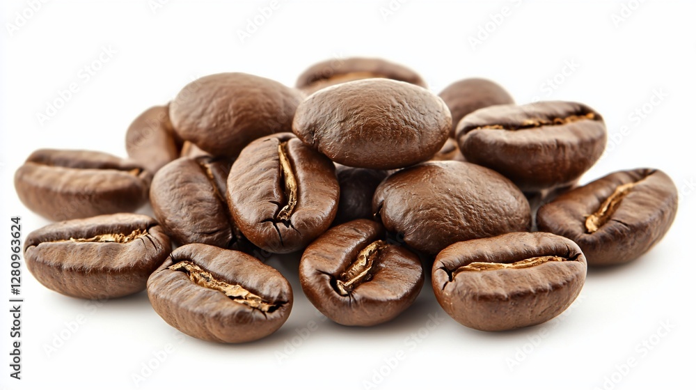 Naklejka premium Roasted coffee beans, close-up, white background, food photography, for cafe menus