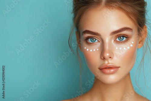 Young woman applying moisturizer on cheek, under eye treatment, posing isolated on blue background, lady with dots of cream on cheek, Generative AI