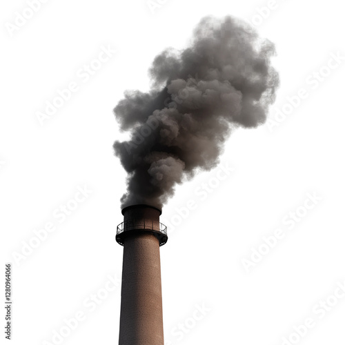 Black smoke billowing from an industrial chimney, isolated on a transparent background 