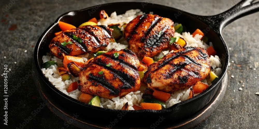 Chicken and shrimp stir fry with rice, served in a black pan, garnished with colorful vegetables and seasoned with vibrant flavors. Chicken and shrimp stir fry with rice, served in a black pan, garnished with colorful vegetables and seasoned with vibrant flavors.