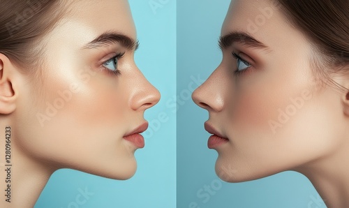 Before and after rhinoplasty. Collage comparison of female nose, woman standing isolated on blue studio background, profile side view shot, Generative AI