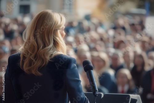A female politician is giving a speech in front of the German parliament, the Bundestag, standing on a podium, wearing a suit and tie, Generative AI