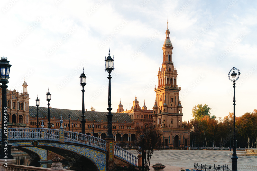 Naklejka premium Plaza de Espana in seville at sunset: architectural beauty and historic charm. Spain Square, Plaza de Espana