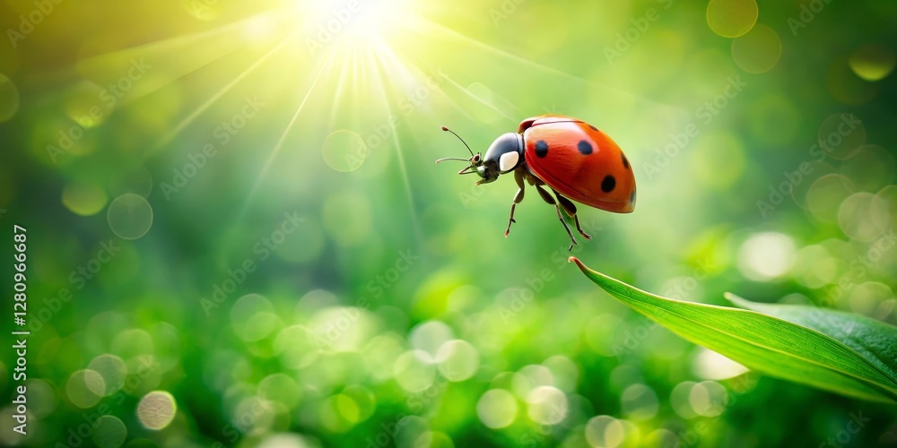A ladybug in flight over vibrant green foliage, bathed in sunlight. The insect appears to be taking flight from a blade of grass. A ladybug in flight over vibrant green foliage, bathed in sunlight. The insect appears to be taking flight from a blade of grass.