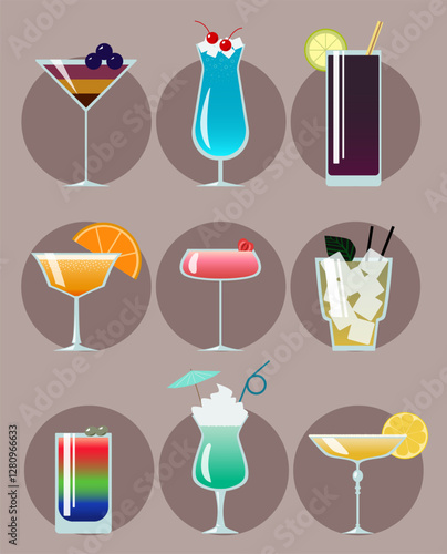 Set of fresh summer alcoholic cocktails in a vector. Colorful drinks in a flat style for a menu, web, or design. Beverages collection for aperitif