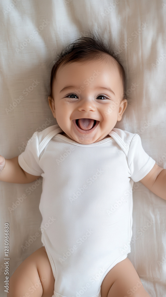 A smiling baby dressed in a cute, hypoallergenic bamboo onesie, reinforcing the benefits of bamboo fabric A smiling baby dressed in a cute, hypoallergenic bamboo onesie, reinforcing the benefits of bamboo fabric