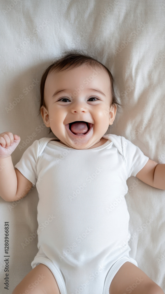 A smiling baby dressed in a cute, hypoallergenic bamboo onesie, reinforcing the benefits of bamboo fabric A smiling baby dressed in a cute, hypoallergenic bamboo onesie, reinforcing the benefits of bamboo fabric