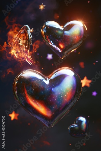 3D digital art featuring a glowing heart with stars and fire effects, perfect for love and passion themes.