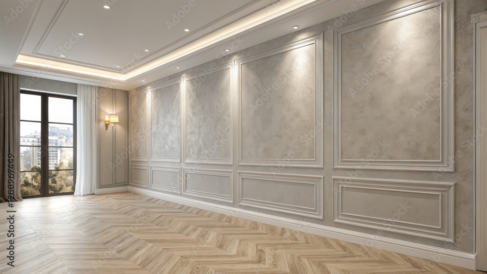 Obraz premium Elegant and refined luxury interior design featuring ornate wall paneling herringbone hardwood flooring and ample natural lighting from large windows