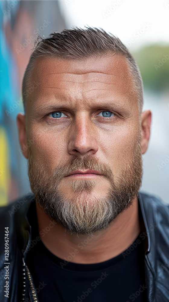 Modern Nomad's Intensity. A bearded man with piercing blue eyes, wearing a worn jacket, standing in front of a wall Modern Nomad's Intensity. A bearded man with piercing blue eyes, wearing a worn jacket, standing in front of a wall