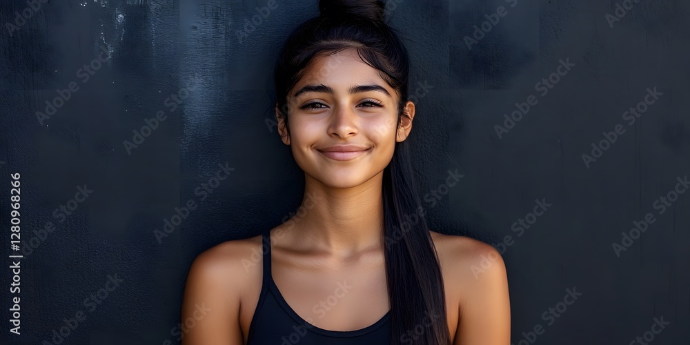 Obraz premium Portrait of a Smiling Young Woman with Dark Hair and Top, Against a Dark Background
