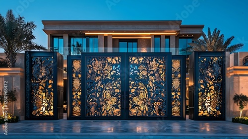 A stunning glass and stainless steel gate with intricate floral designs leads to the entrance an opulent villa.