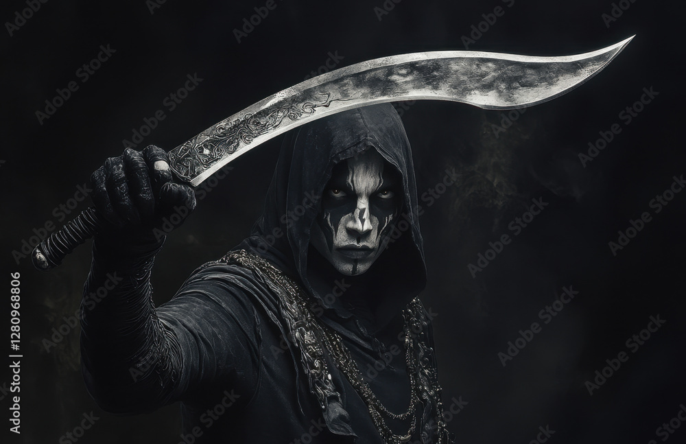 Obraz premium A man in a black hood with face paint holds a curved sword raised high, creating a dramatic atmosphere in dim lighting