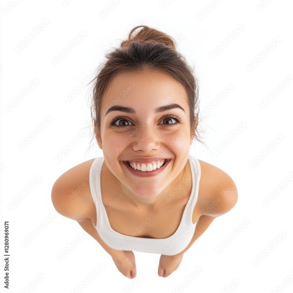 Ultra realistic happy woman smiling isolated top or side view white background Ultra realistic happy woman smiling isolated top or side view white background