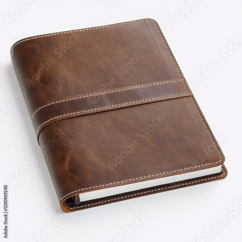 Ultra realistic leather-bound notebook isolated top or side view white background