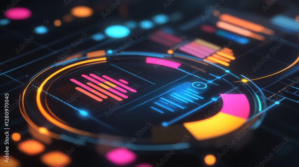 Obraz premium A detailed close-up of a digital interface featuring a circular graphic and a bar chart, illustrating data visualization and analytics.