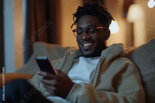 Smiling black guy using smartphone, browsing internet or texting, sitting on couch at home interior. Man using new cool application, Generative AI