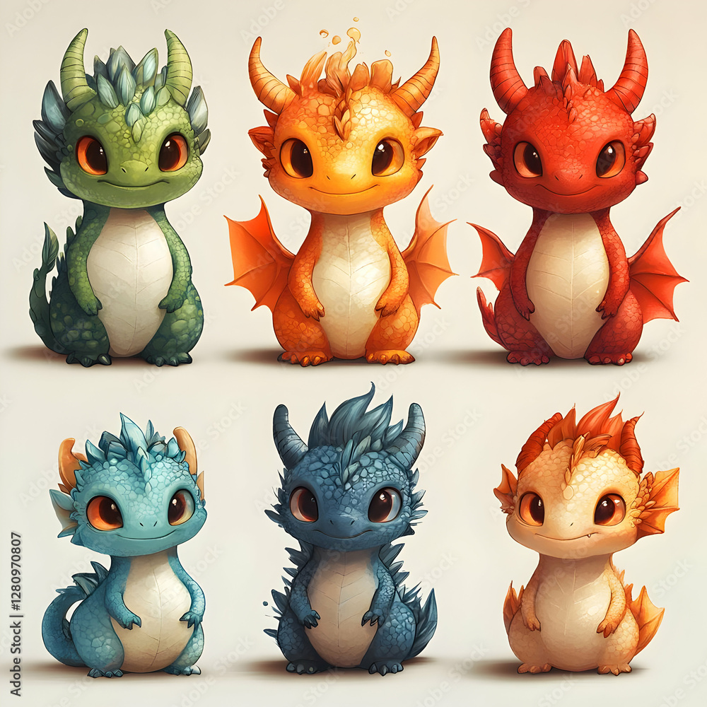 Fototapeta premium Adorable Baby Dragons Fantasy Illustration Cute Cartoon Dragons