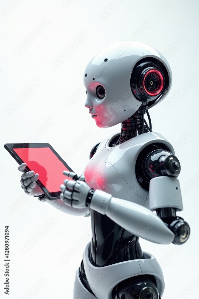 AI robot uses tablet, floats, white background, artificial intelligence, white, ai AI robot uses tablet, floats, white background, artificial intelligence, white, ai