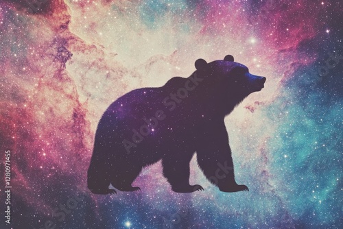Silhouette of bear against vibrant cosmic background showcasing