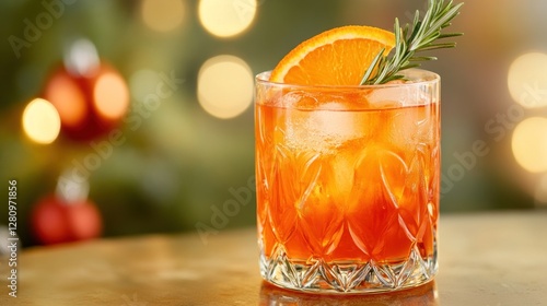 Festive orange cocktail with rosemary garnish in a rocks glass.
