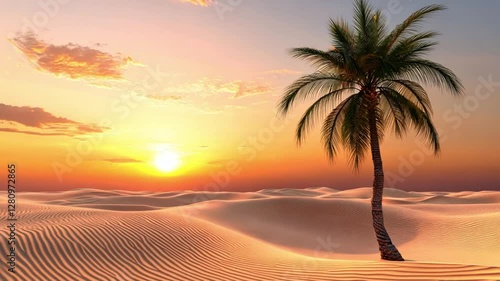 Wallpaper Mural Golden Hour Desert Oasis: A breathtaking desert landscape unfolds, where undulating sand dunes meet the warm embrace of a setting sun, casting a golden hue over a solitary palm tree. Torontodigital.ca