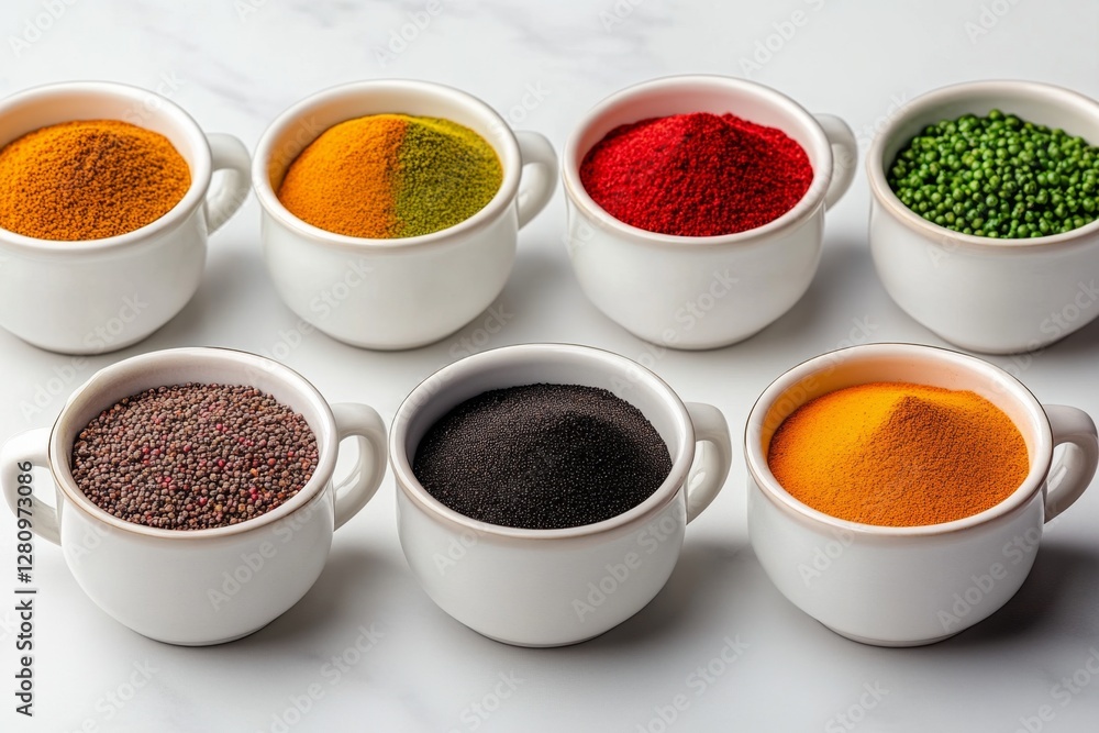 Different seasonings in cups Spice background on the table Different seasonings in cups Spice background on the table