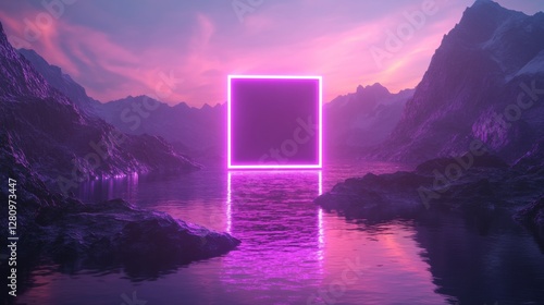 Fototapeta Naklejka Na Ścianę i Meble -  Neon cube floating in mystical mountainous lake at sunset