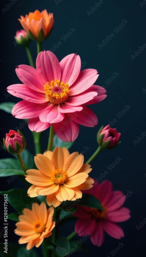 Obraz premium Dark backdrop, vibrant blooms, intricate petals , photography, blossom
