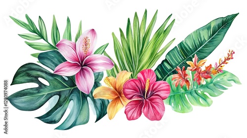Tropical flowers and leaves, hand-drawn watercolor illustration, isolated on a transparent PNG background. Flat vector, pastel colors