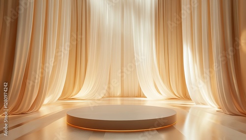 A stage with white curtains and golden light shining through, featuring an empty circular podium