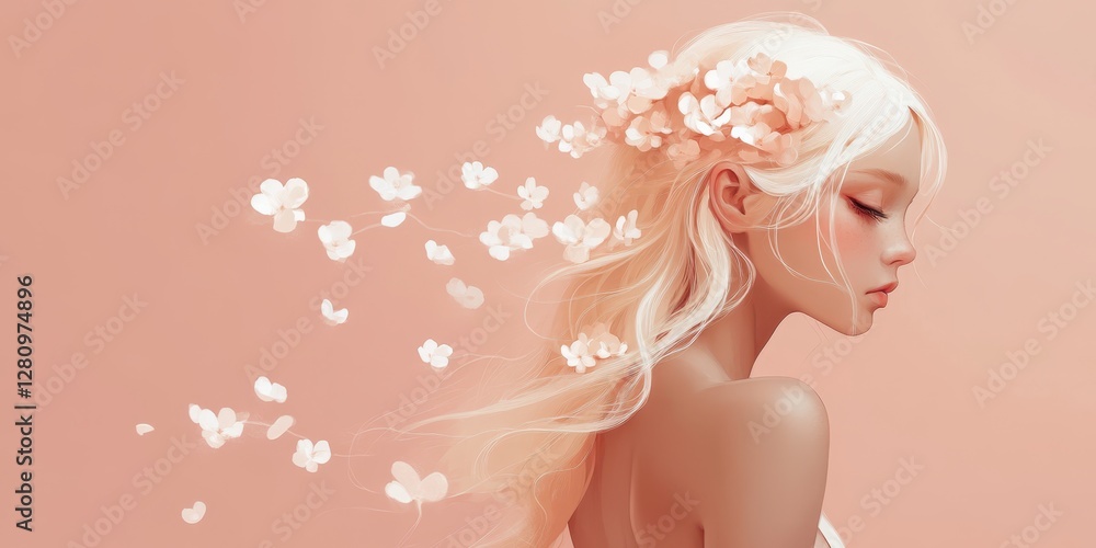 A blonde woman adorned with white flowers in her hair, set against a soft pink background, exuding elegance and femininity. A blonde woman adorned with white flowers in her hair, set against a soft pink background, exuding elegance and femininity.