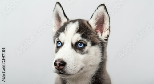 Adorable husky puppy with striking blue eyes and fluffy fur photo