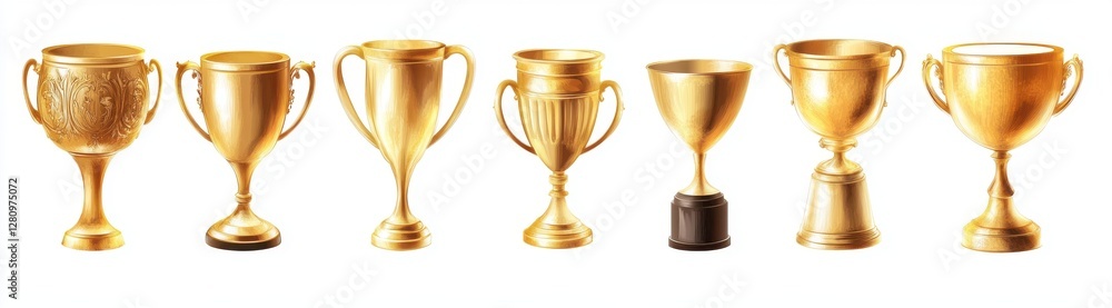 Golden Trophy Array: A collection of gleaming golden trophies, each unique in design, stands as a symbol of achievement and recognition, perfect for illustrating success and awards. Golden Trophy Array: A collection of gleaming golden trophies, each unique in design, stands as a symbol of achievement and recognition, perfect for illustrating success and awards.