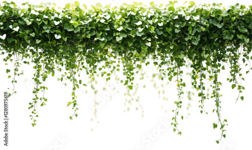 The leaves of the green vines hanging down on the wall