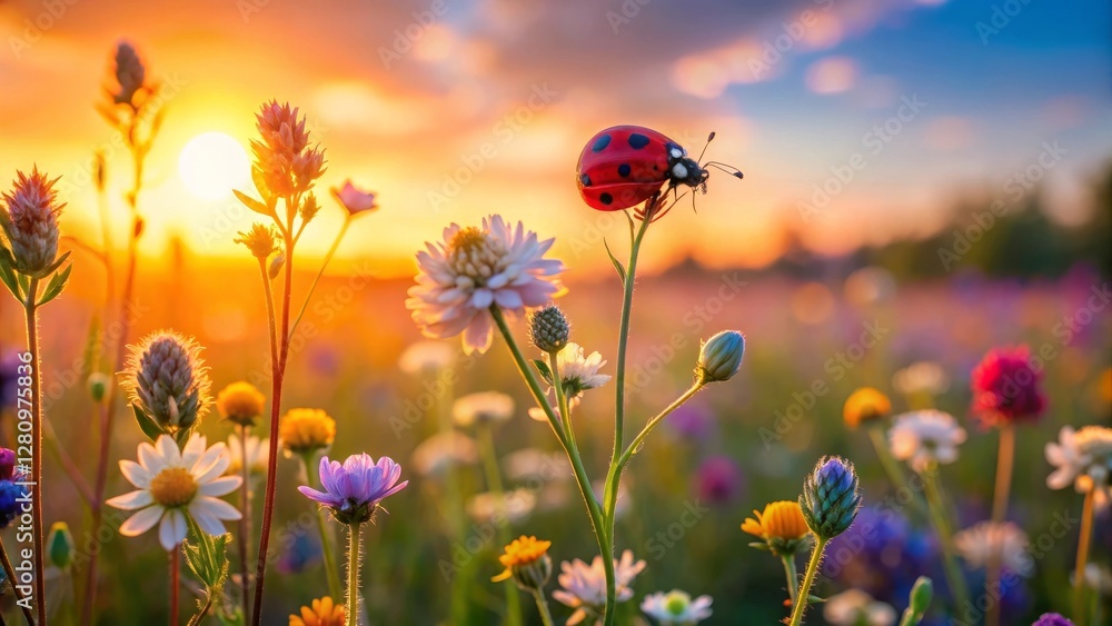 Golden Hour Serenity A Ladybug Perched on a Wildflower in a Vibrant Meadow at Sunset Golden Hour Serenity A Ladybug Perched on a Wildflower in a Vibrant Meadow at Sunset
