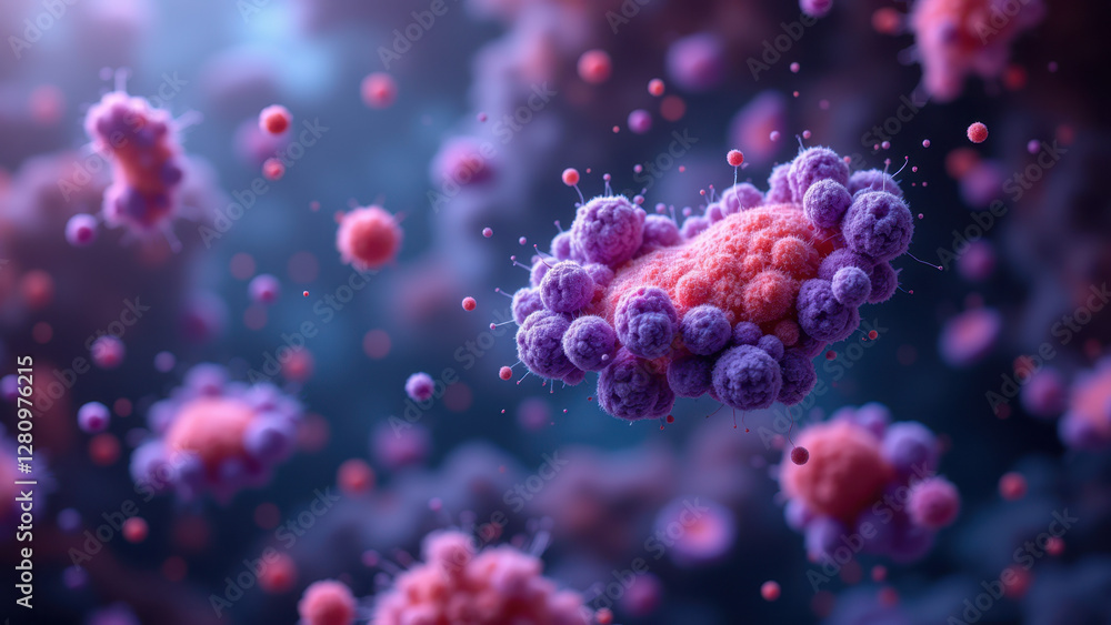 A microscopic view of semaglutide particles interacting with cells, highlighting its molecular structure and interaction in a biological environment. A microscopic view of semaglutide particles interacting with cells, highlighting its molecular structure and interaction in a biological environment.