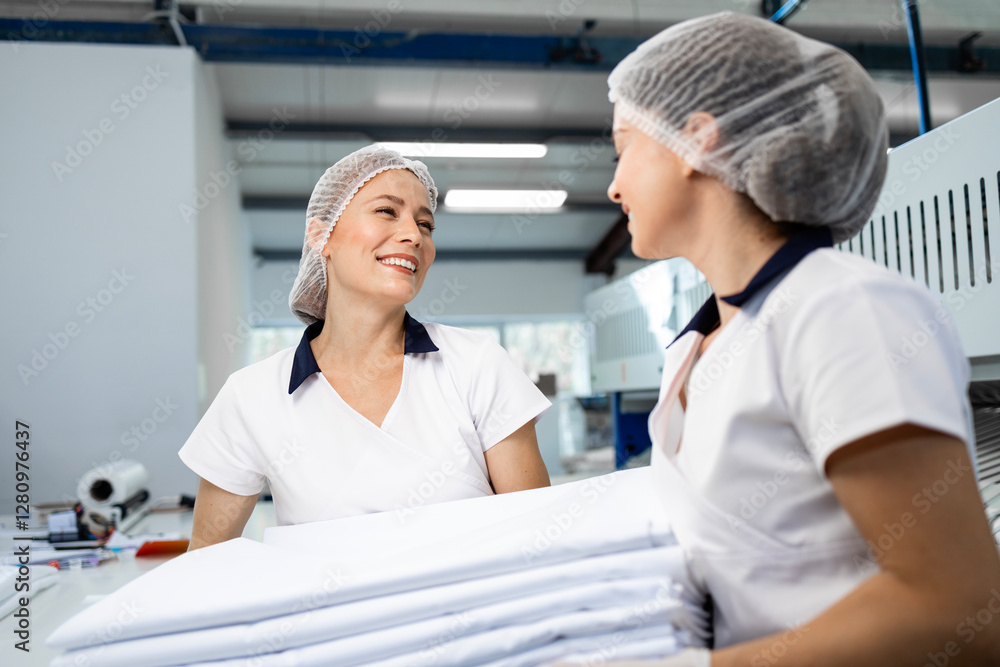 Obraz premium Female workers carrying clean laundry in dry cleaning service.