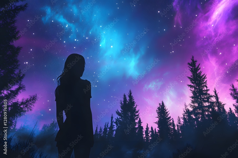A girl with long hair looks up at the beautiful northern lights in the starry sky, with the silhouette of a winter forest in the background, Generative AI A girl with long hair looks up at the beautiful northern lights in the starry sky, with the silhouette of a winter forest in the background, Generative AI