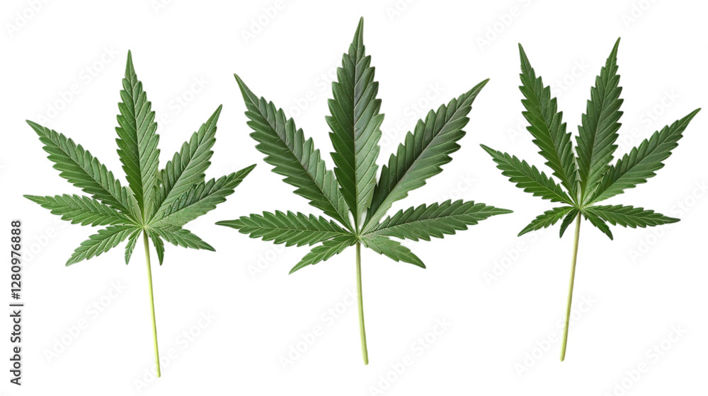 A horizontal view of marijuana cannabis leaves isolated on a plain background or PNG for poster or graphic use, Generative AI. A horizontal view of marijuana cannabis leaves isolated on a plain background or PNG for poster or graphic use, Generative AI.