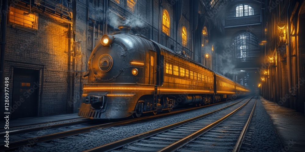 Obraz premium Arafed train rests on the tracks at a dimly lit station, showcasing a tranquil night scene with ambient lighting illuminating the surroundings.