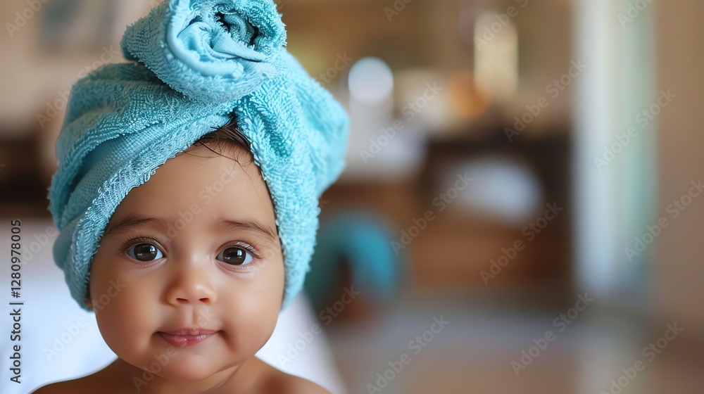 A baby with big brown eyes smiles with a blue towel wrapped around her head. A baby with big brown eyes smiles with a blue towel wrapped around her head.
