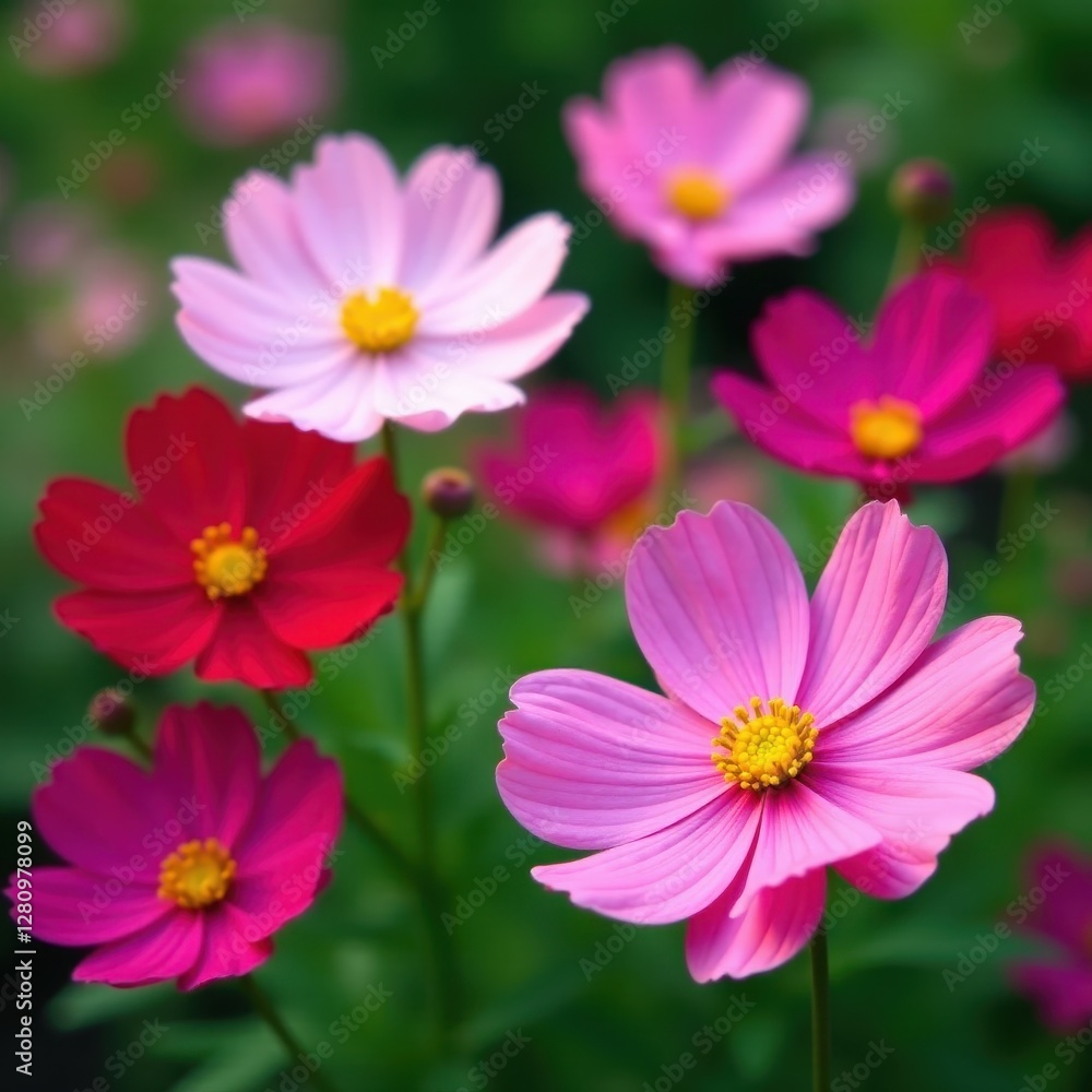 Cosmos flowers in full bloom, showcasing delicate petals and vibrant colors in a garden setting , macro, bloom Cosmos flowers in full bloom, showcasing delicate petals and vibrant colors in a garden setting , macro, bloom
