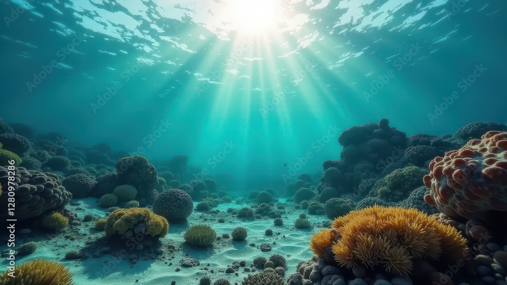 Naklejka premium Underwater coral reef affected by bleaching with sunlight streaming through 
