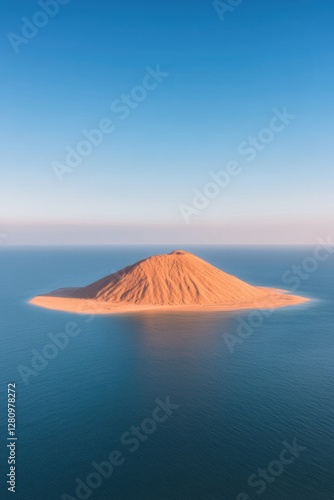 Isolated island rises majestically from calm blue waters under c