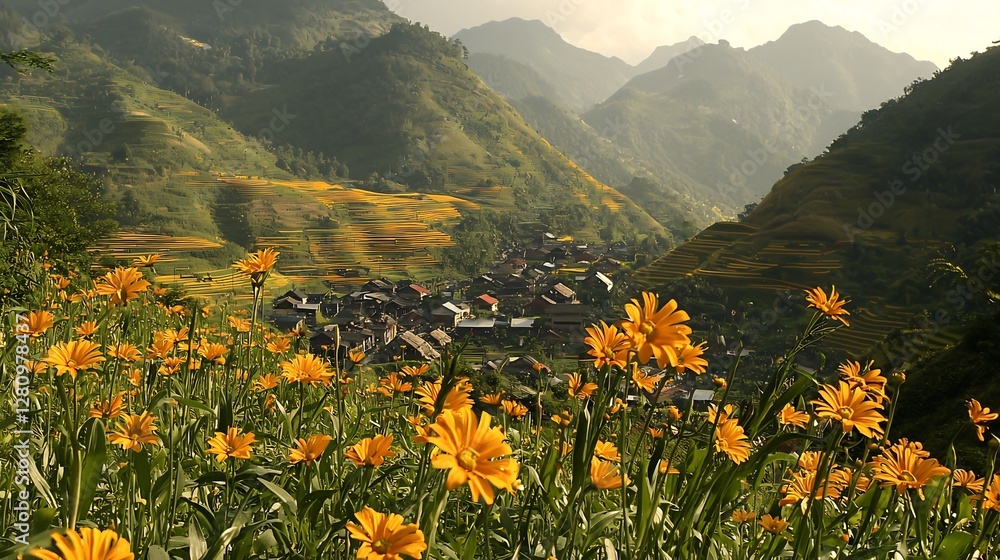 Fototapeta premium Tranquil valley scene with terraced rice fields, flowers and traditional homes