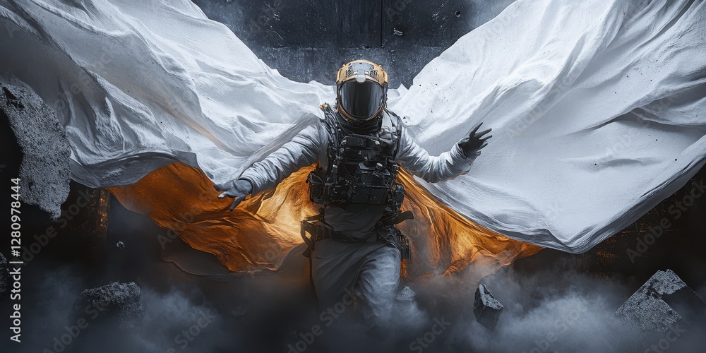 Obraz premium A man wearing a gas mask and a flowing cape soars through the sky, evoking a sense of adventure and mystery in his airborne journey.