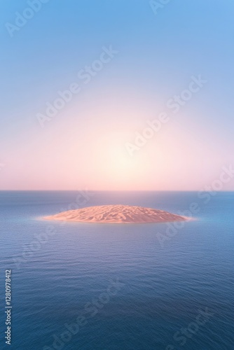 Serene island emerging from tranquil waters under soft pastel sk
