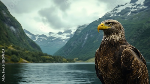 Eagle watches fjord mountains