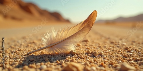 Single weathered feather, desert road, sun-bleached, arid, single